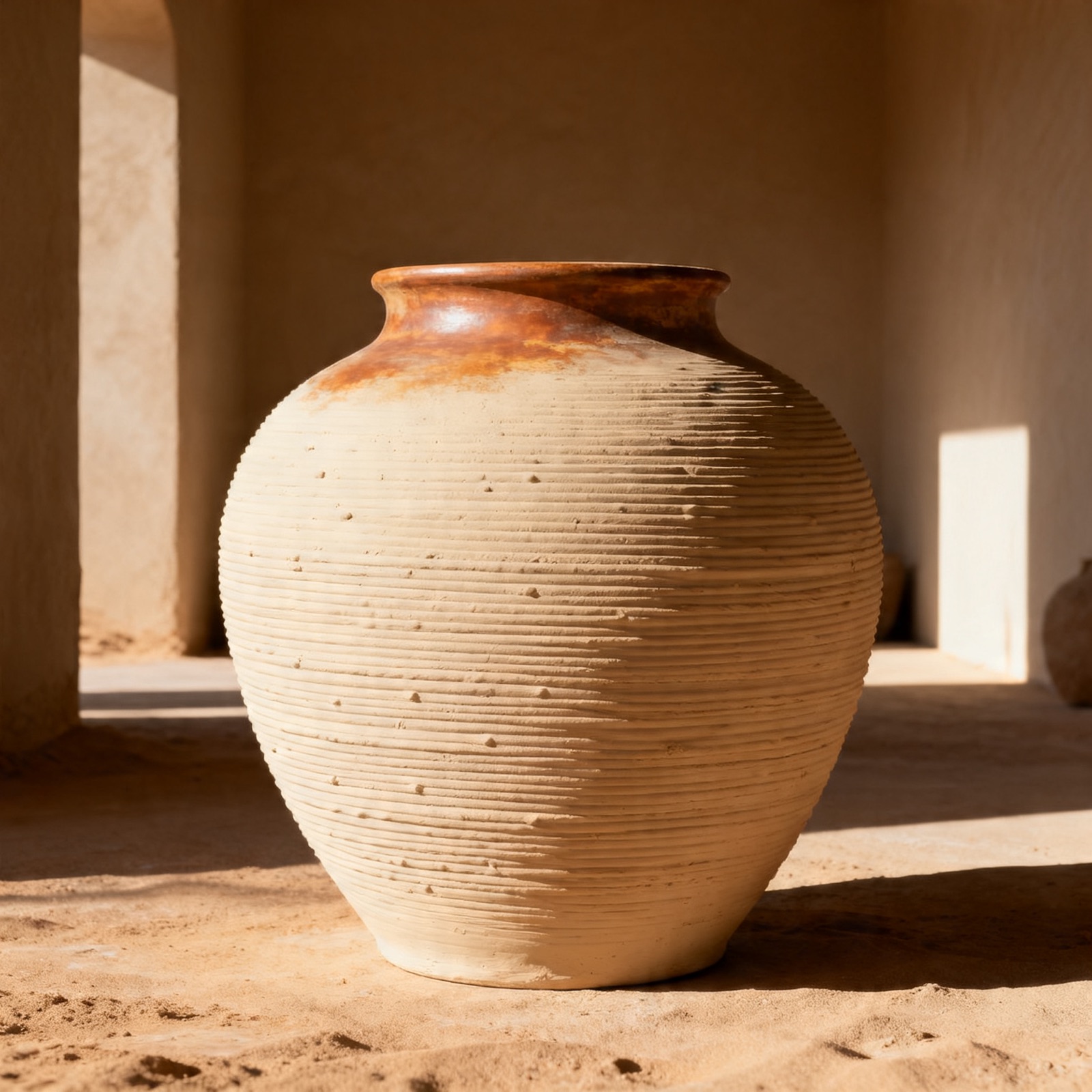Large handbuilt cream stoneware coil vessel, burnished surface, sunlit studio